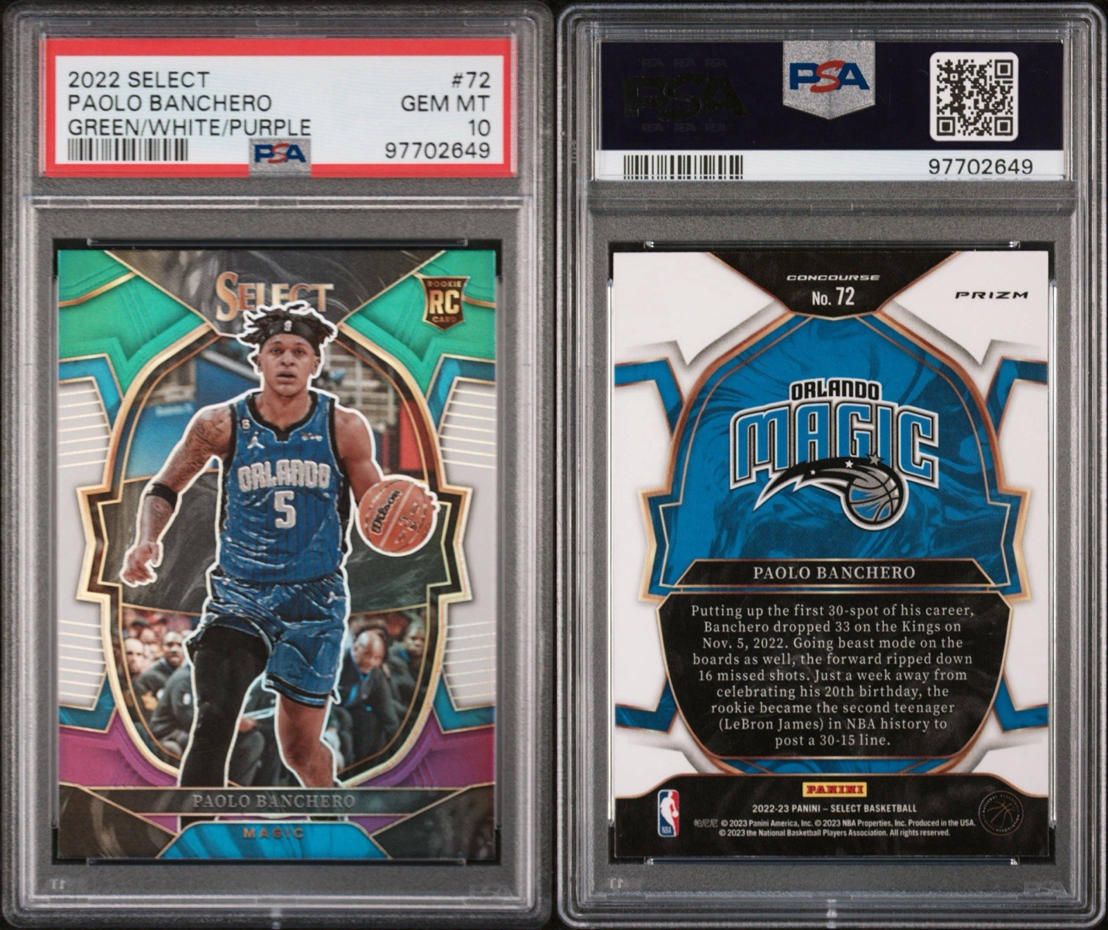 2022 Select #72 Paolo Banchero Green White Purple Prizm Rookie RC PSA 10 GEM