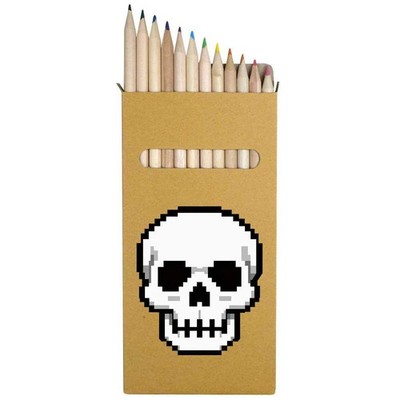 12 x 'Pixel Style Skull' Long 178mm Coloured Pencils / Pencil Set (PE00089037)