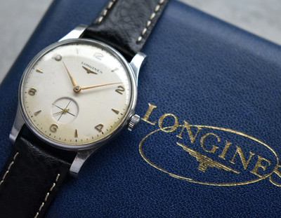 1960 Longines Herrenuhr kleine Sekunde verpackt selten mechanisch Stahl weißes Ziffernblatt
