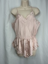 Vtg 70s 80s Pink Nylon Embroidered Floral Teddy Bodysuit Romper Lingerie Medium