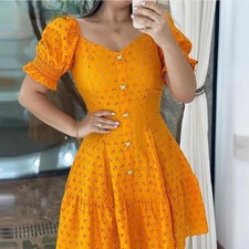 Women's Yellow Cotton Eyelet Dress Short Puff Sleeve Ruffle Tiered Boho S-XL