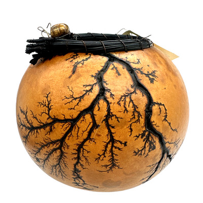 Vintage Gourd & Pine Needle Art Decor Lightening Design Sue Brogdon Signed 5''