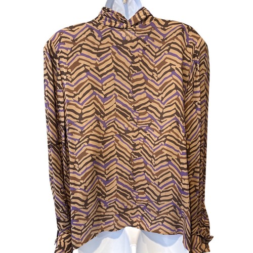 Vintage Carlisle Womens 100% Silk Brown Purple Zebra Blouse Sz 14 80s Retro Chic - Image 1