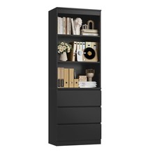 Tall Bookcase with 3 Drawers & Shelves – Black Wooden Storage Cabinet