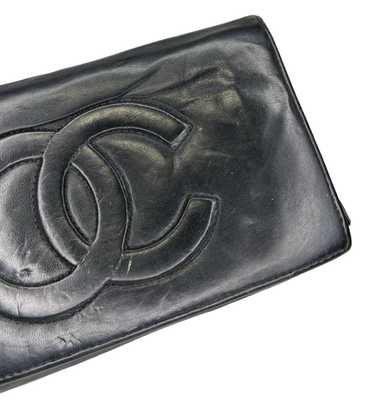 CHANEL ビンテージ財布 Vintage Chanel Black Leather Bi-Fold Wallet Interlocking CC Logo
