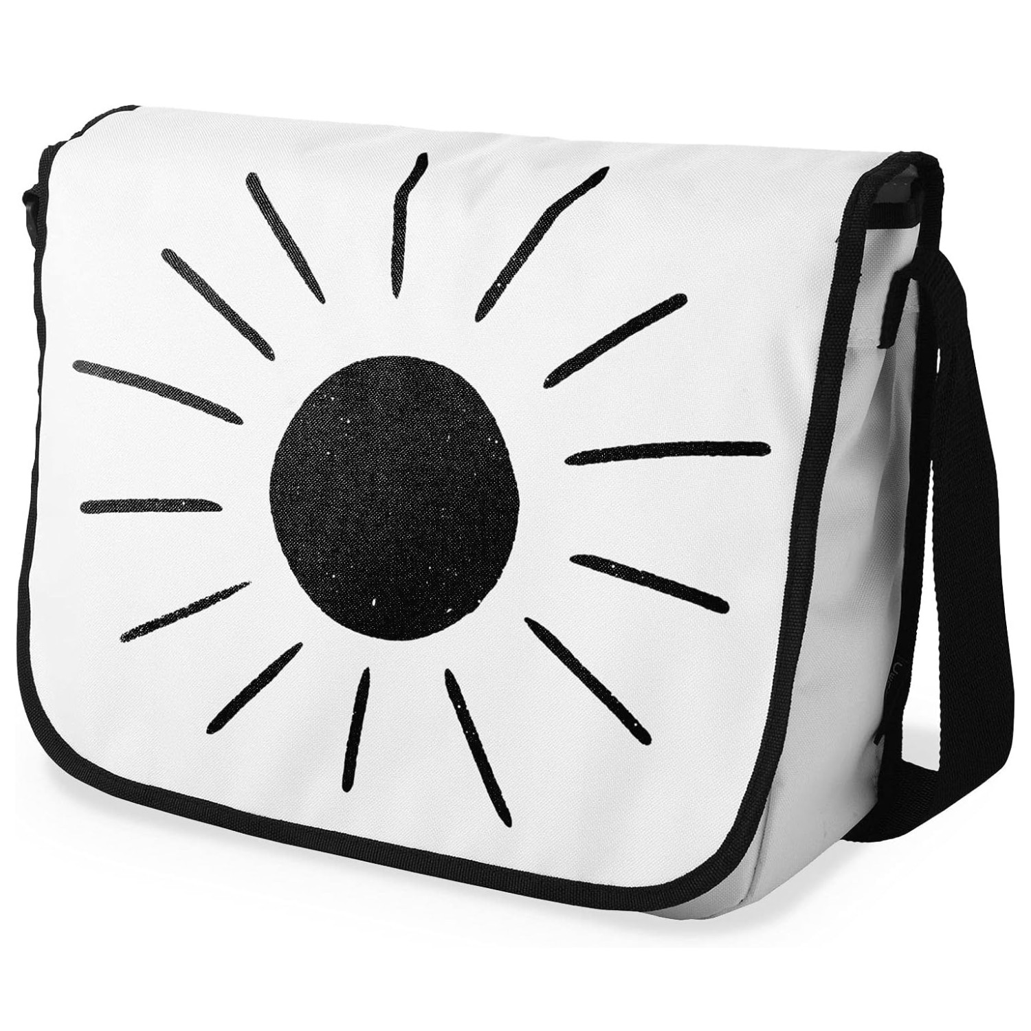 Le Jardin Umhängetasche mit schwarzer Sonne auf weißem Hintergrund