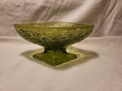 Vintage Indiana Glass - Diamond Shape Compote - Pineapple and Floral Green EUC