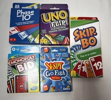Family Card Games Lot UNO Flip Phase 10, Skip Bo I Spy  Go Fish Monopoly Bid New