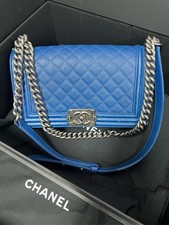 Chanel Medium Boy Flap Blue Caviar Leather Palladium HW Shoulder Bag Auth