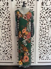 FARM RIO Green Verdor Dress Size XXS Boho Retro 70's Slit Long Sleeve Floral