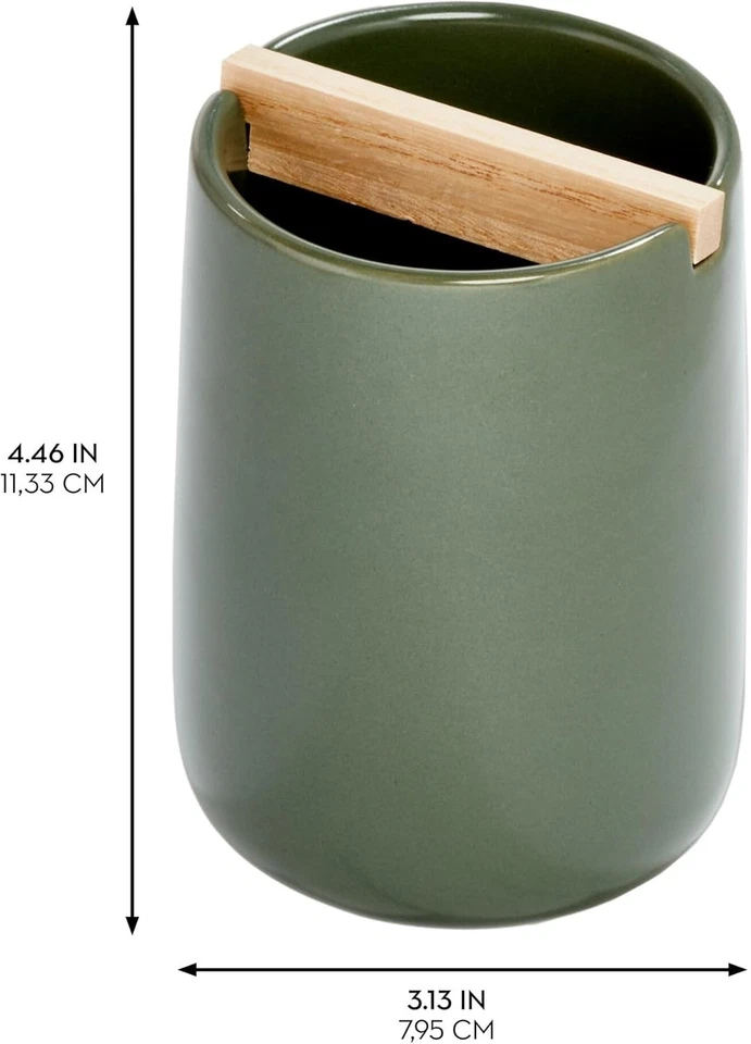 Soporte para cepillo de dientes de cerámica con divisor de madera de paulownia musgo/madera natural Foto 3 de 4