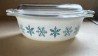 Vtg Pyrex Turquoise Snowflake Oval Casserole Dish-Lid 943C 18 2 1/2 Qt