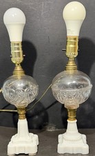 Pair Of Antique Pressed Clear Glass Oil Lamps On Milk Glass Bases. Electrified