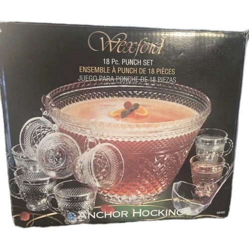 Vintage Anchor Hocking Wexford Punch Bowl Set w Cups Original Box USA Glass