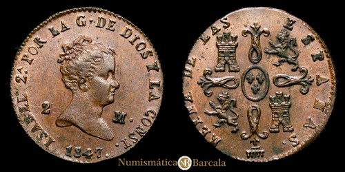 Isabel II 2 Maravedís (2,27g) 1847 Segovia AC-59 EBC - Picture 1 of 3