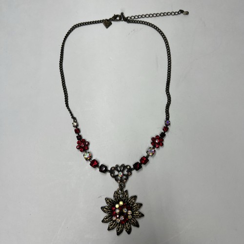 Cookie Lee Bronze Tone Red Rhinestone Flower Medallion Y-Drop Necklace 18 inch