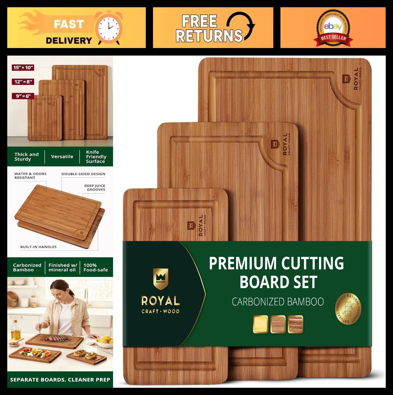 Wooden Cutting Boards Set - Bamboo Meal Prep & Serving Board with Juice Groove,