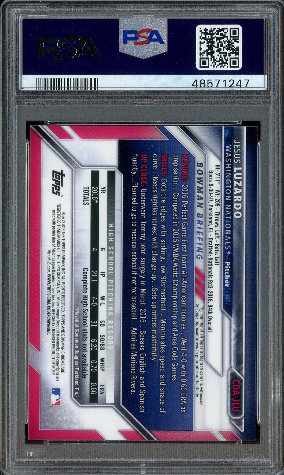 2016 Bowman Chrome DP Jesus Luzardo Nationals RC Rookie AUTO PSA 9 view 2