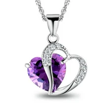 Women 925 Sterling Silver Necklace Chain Amethyst Crystal Heart Purple Pendant