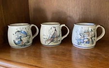 Vintage Himark Korea Mug Set of 3 Stoneware Speckle Birds Pheasant Quail Duck