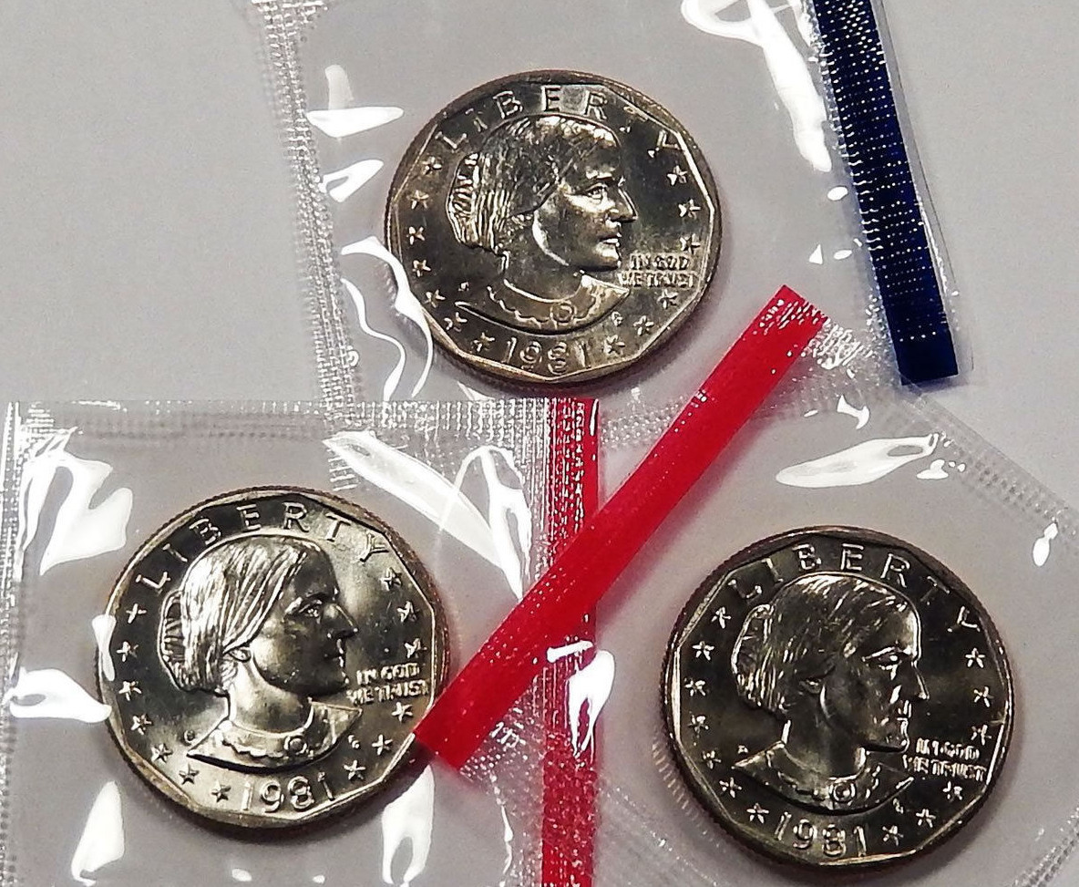 1981 P D & S Mint Cello BU UNC Susan B Anthony Dollars 3 US Coin Set GEM UNCIRCU