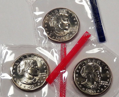 1981 P D & S Mint Cello BU UNC Susan B Anthony Dollars 3 US Coin Set GEM UNCIRCU