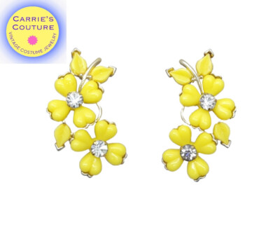 Vintage Signed Kramer Yellow  Flowers Clip Runway Earrings, 1955 Vogue Ad Piece