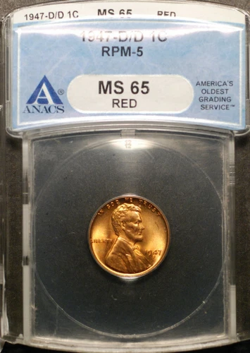 1947-D  Lincoln Cent - CONECA RPM-005  #5 ANACS MS65 red