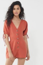 Urban Outfitters Lily Linen Button-Front Romper Puff Sleeve Rust S NEW 210490