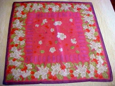 Vintage Sheer Scarf with Red Cherries and White Cherry Blossoms