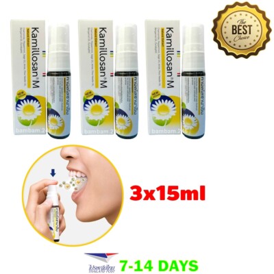 3x Kamillosan Mouth Spray 15ml Bottle with Sprayer for Soothing Sore Throat Reli
