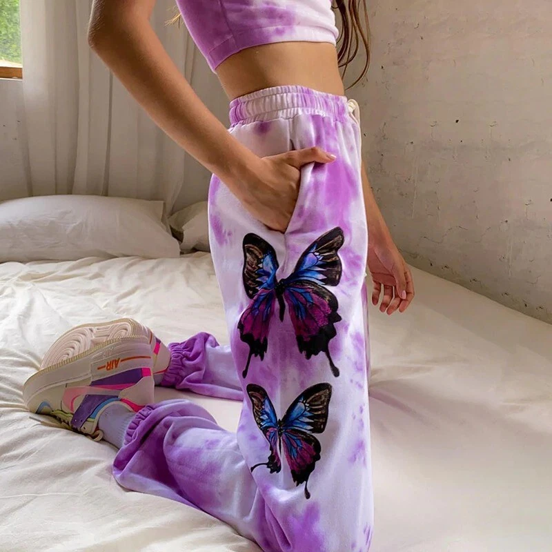 Tie Dye Butterfly Print Sweatpants Streetwear High Waist Purple Trousers Pants