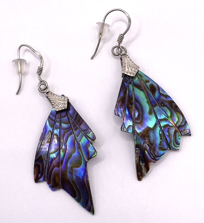 Vintage Sterling Silver Abalone Shell Wing Shaped Earrings 925