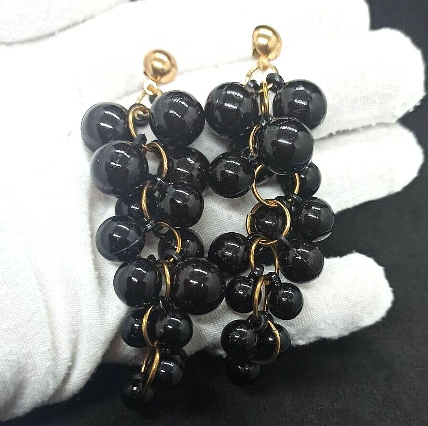 Cluster Earrings Statement Black Lightweight Gold… - image 6