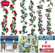 2 Pack 7.5 Ft Fake Rose Vine Flowers Plants Artificial Hanging Ivy Home Party US