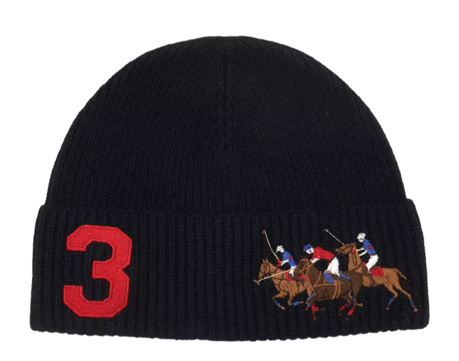 Polo Ralph Lauren Beanie Triplo Pony Lana Cashmere Nero Costole Lavorato a Maglia PC0924 001