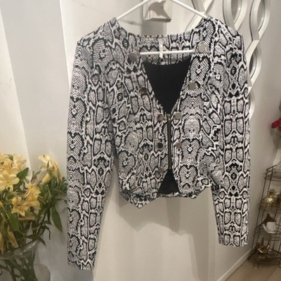 Women's Snake Print Button Front Long Sleeve Jacket Black White