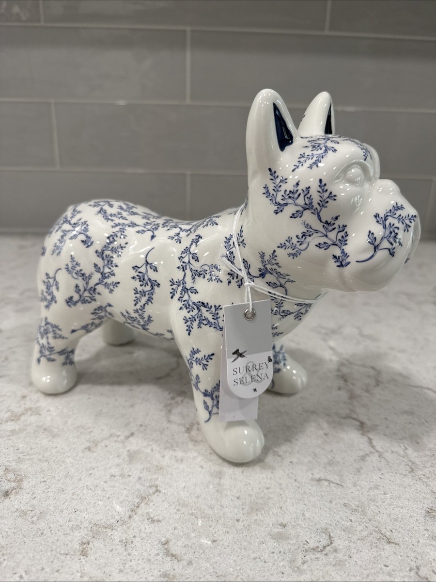 BULLDOG or FRENCHIE 9x4” Blue White Ceramic French Bull Dog