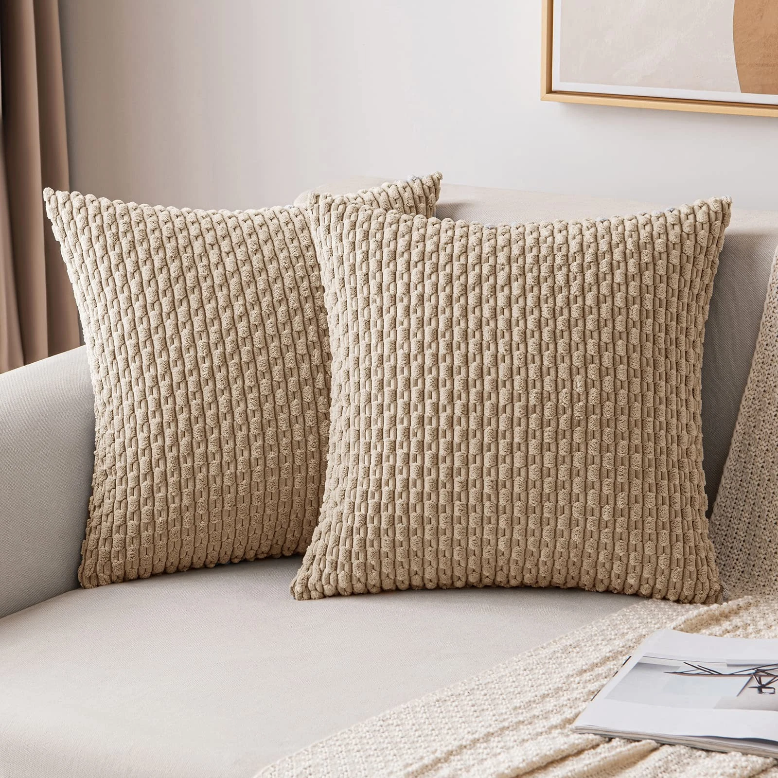 "Set of 2 Soft Boho Striped 20x20 Inch Corduroy Throw Pillow Covers - Modern Far