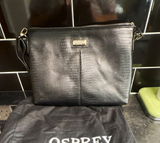 OSPREY LONDON Embossed Black Leather Crossbody Bag, Zip, Dust Bag, Pockets
