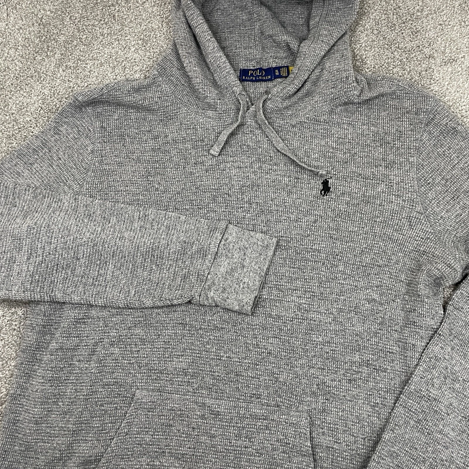 Polo Ralph Lauren Hoodie Sweatshirt Mens XL Heather Gray Thermal Knit Pullover
