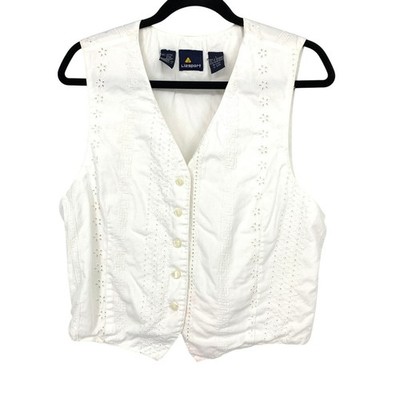 Vintage 90s Lizsport Cotton Vest Womens Apx Sz Medium White Eyelet Tie Back