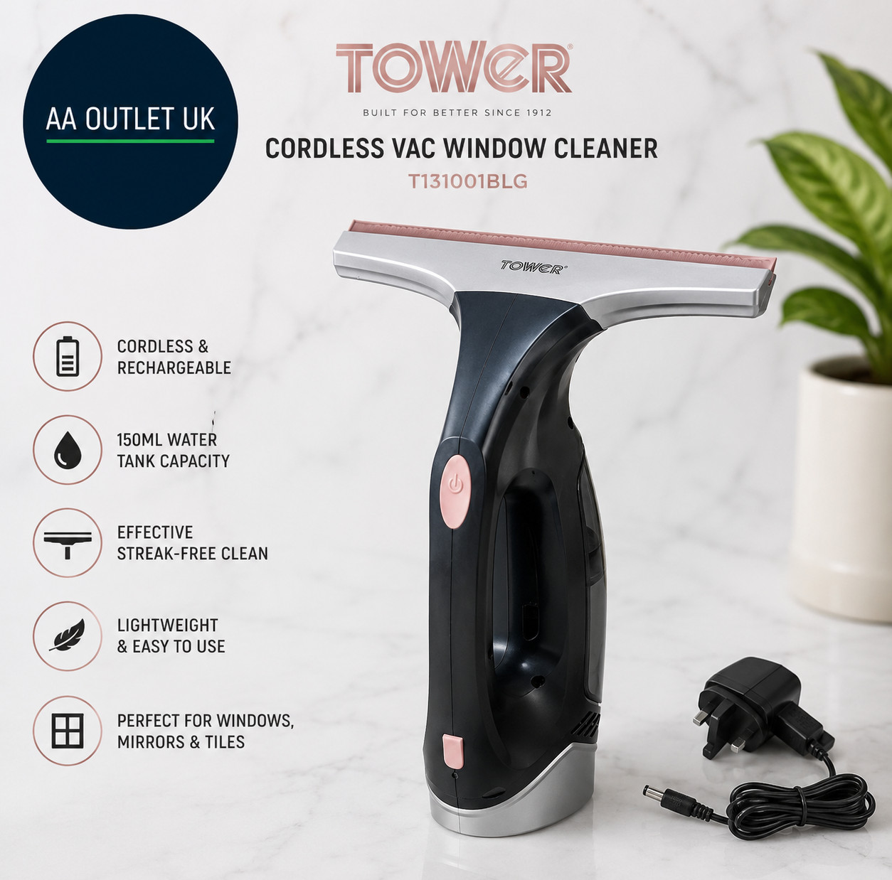 Tower T131001BLG Cordless Vac Window Cleaner Rechargeable Battery 150ml 20W