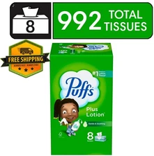Puffs Plus Lotion Facial Tissue, Family Size Box of 8, 124 Tissues in Each Box
