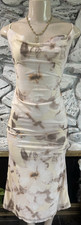 Ivory Beige Floral Midi Bodycon Dress, Strappy, Ruched, Lace-Up, Sleeveless
