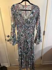 Boho Leaf Print Midi Dress Small Button Front Flowy Rayon