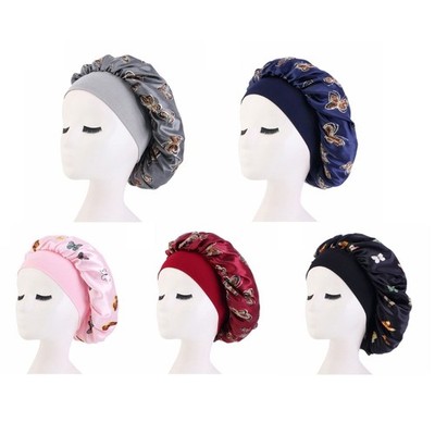 Beauty Salon Hat for Butterfly Print Satin Beauty Cap Wide-brim Night Cap Bonnet