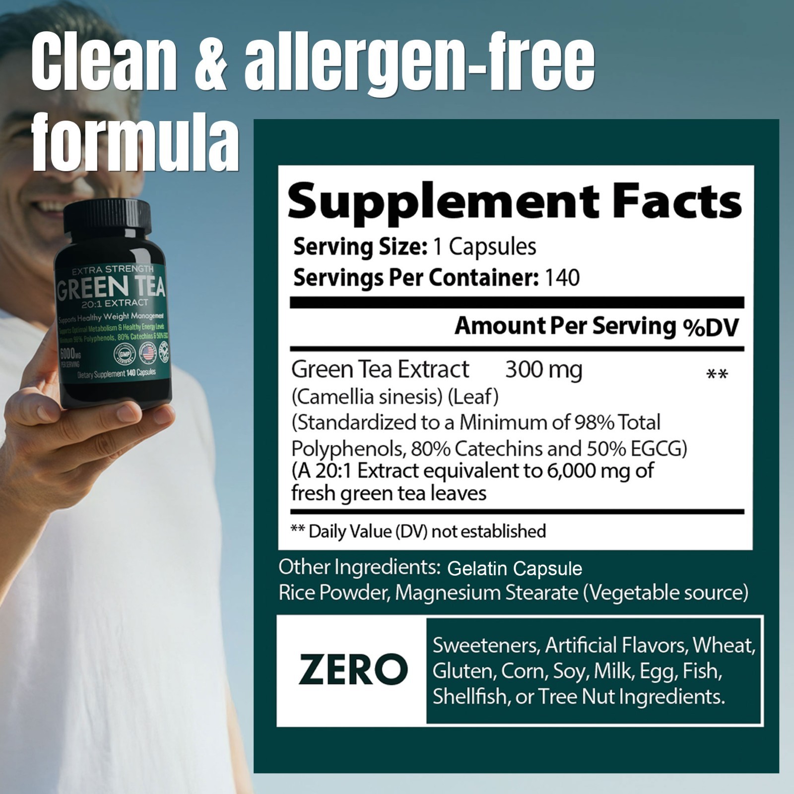 Green Tea Capsules 6000mg, EGCG Fat Burner Weight Loss, Energy & Detox 140 caps