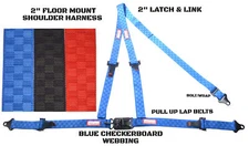 OFF ROAD RACE HARNESS BLUE CHECKERBOARD 3 POINT FLOOR Y MOUNT BELT PULL UP LAP