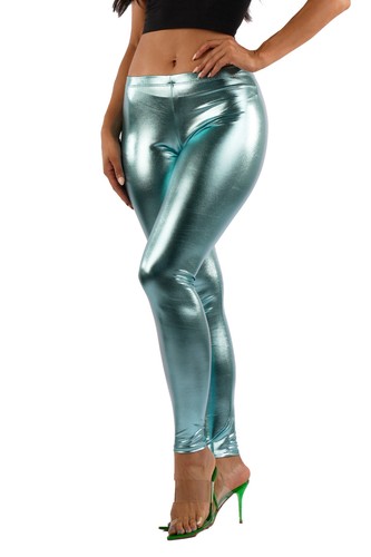 Women's Metallic Shiny Leggings High Waist Faux Leather Footless Party Clubwear - Picture 50 of 127